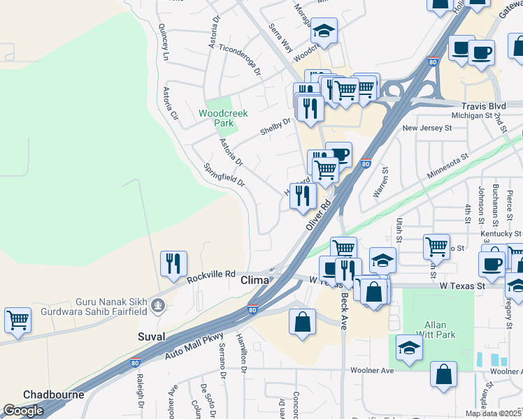 map of restaurants, bars, coffee shops, grocery stores, and more near 1201 Liberty Place in Fairfield