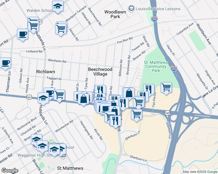 map of restaurants, bars, coffee shops, grocery stores, and more near 207 Ring Road in Louisville