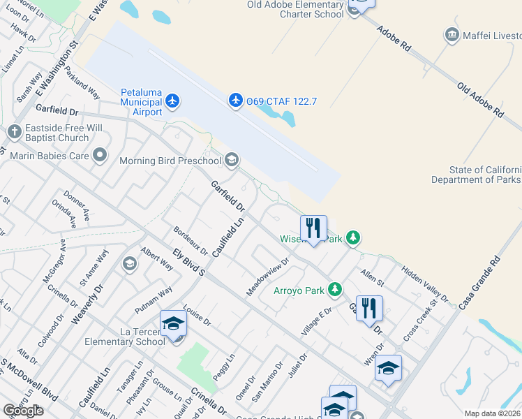 map of restaurants, bars, coffee shops, grocery stores, and more near 2107 Saint Augustine Circle in Petaluma