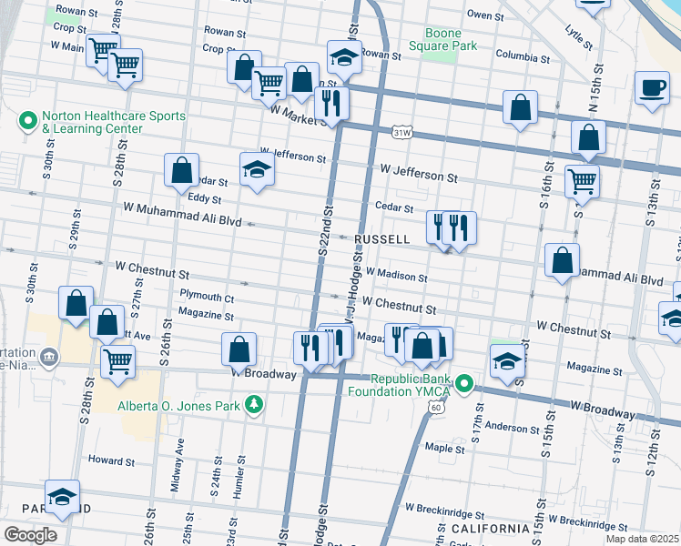 map of restaurants, bars, coffee shops, grocery stores, and more near 2112 West Madison Street in Louisville