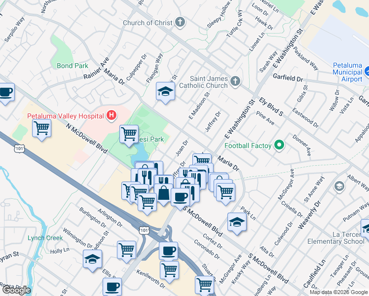 map of restaurants, bars, coffee shops, grocery stores, and more near 225 Jeffrey Drive in Petaluma
