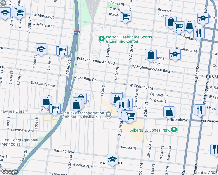 map of restaurants, bars, coffee shops, grocery stores, and more near 2900 West Chestnut Street in Louisville