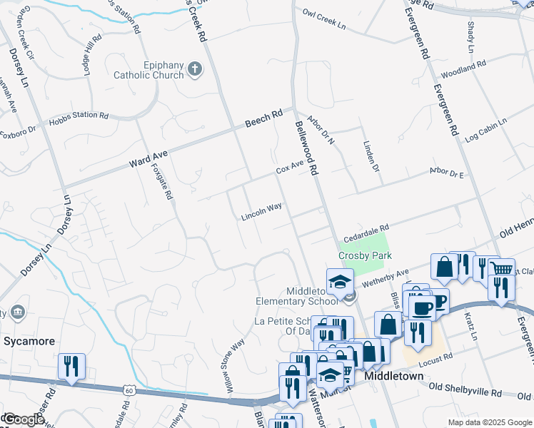 map of restaurants, bars, coffee shops, grocery stores, and more near 524 Old Harrods Creek Road in Louisville