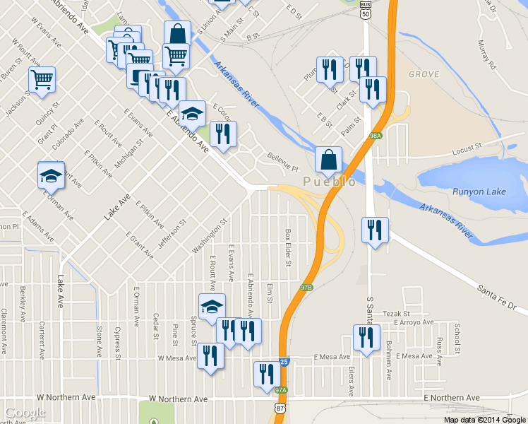 map of restaurants, bars, coffee shops, grocery stores, and more near 735 Elm Street in Pueblo