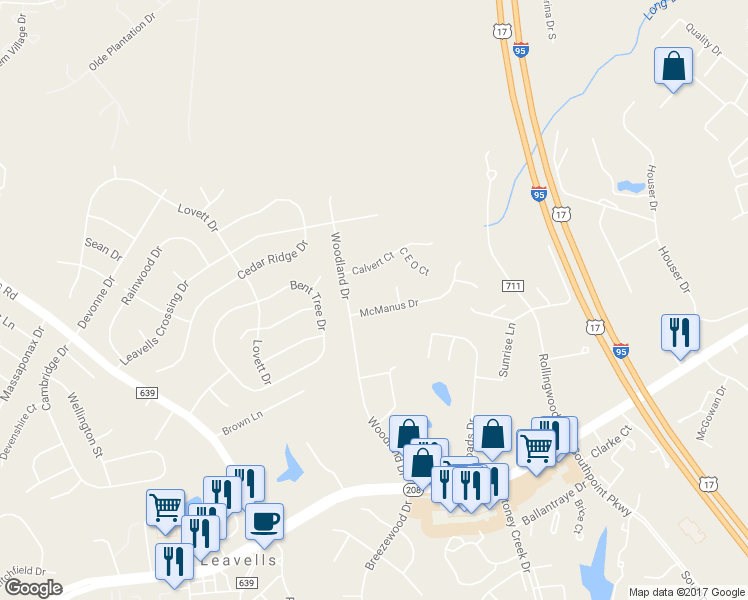 map of restaurants, bars, coffee shops, grocery stores, and more near 5221 McManus Drive in Fredericksburg