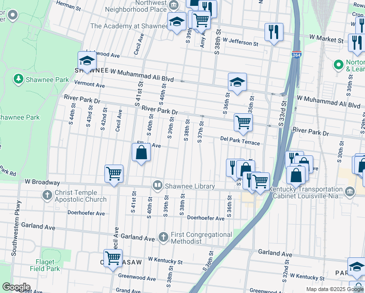 map of restaurants, bars, coffee shops, grocery stores, and more near 646 South 38th Street in Louisville