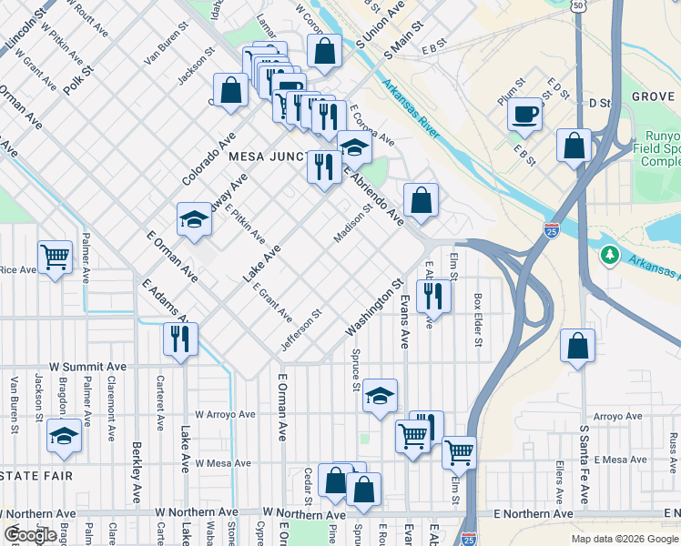 map of restaurants, bars, coffee shops, grocery stores, and more near 517 East Routt Avenue in Pueblo