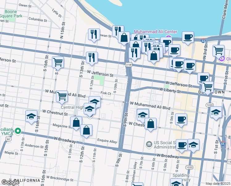 map of restaurants, bars, coffee shops, grocery stores, and more near 421 South 10th Street in Louisville