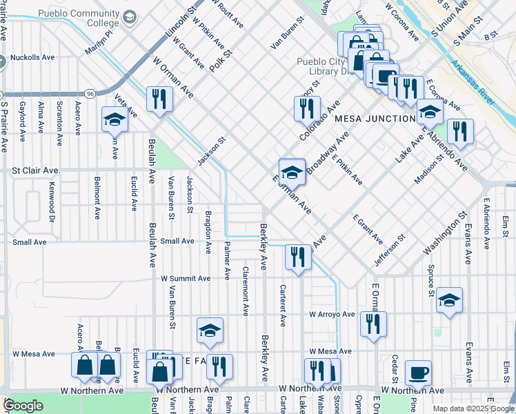 map of restaurants, bars, coffee shops, grocery stores, and more near 701 Berkley Avenue in Pueblo
