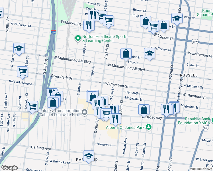 map of restaurants, bars, coffee shops, grocery stores, and more near 2718 West Chestnut Street in Louisville