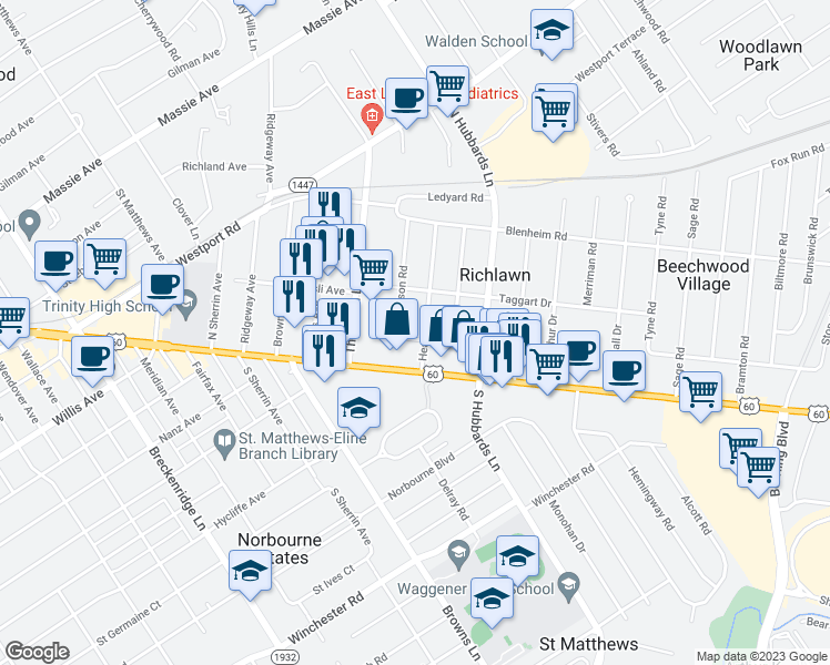 map of restaurants, bars, coffee shops, grocery stores, and more near 116 Heady Avenue in Louisville