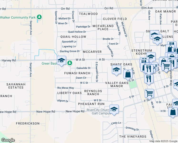 map of restaurants, bars, coffee shops, grocery stores, and more near 161 Danny Drive in Galt