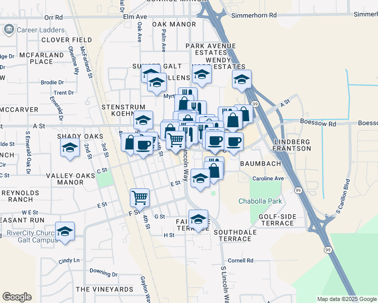 map of restaurants, bars, coffee shops, grocery stores, and more near 800 C Street in Galt