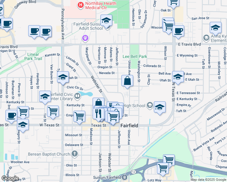 map of restaurants, bars, coffee shops, grocery stores, and more near 712 Maryland Street in Fairfield