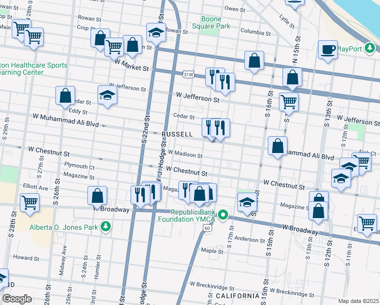 map of restaurants, bars, coffee shops, grocery stores, and more near 1921 West Madison Street in Louisville