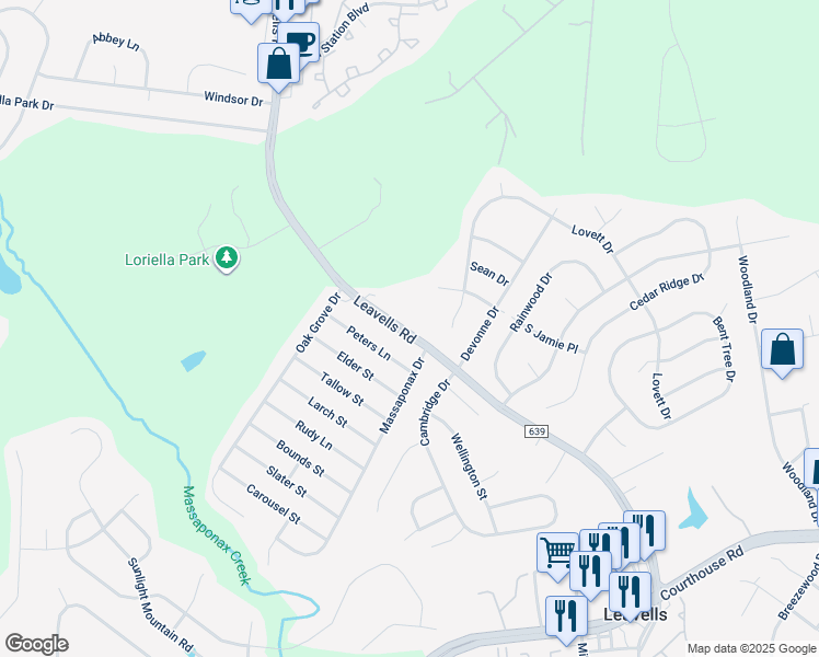 map of restaurants, bars, coffee shops, grocery stores, and more near 10813 Leavells Road in Fredericksburg