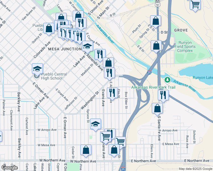 map of restaurants, bars, coffee shops, grocery stores, and more near 114 Washington St in Pueblo