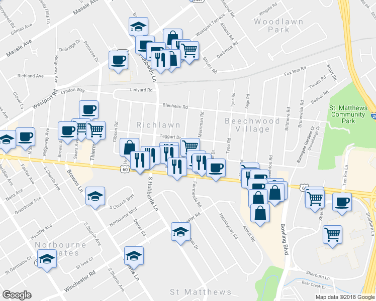 map of restaurants, bars, coffee shops, grocery stores, and more near 121 McArthur Dr in Louisville
