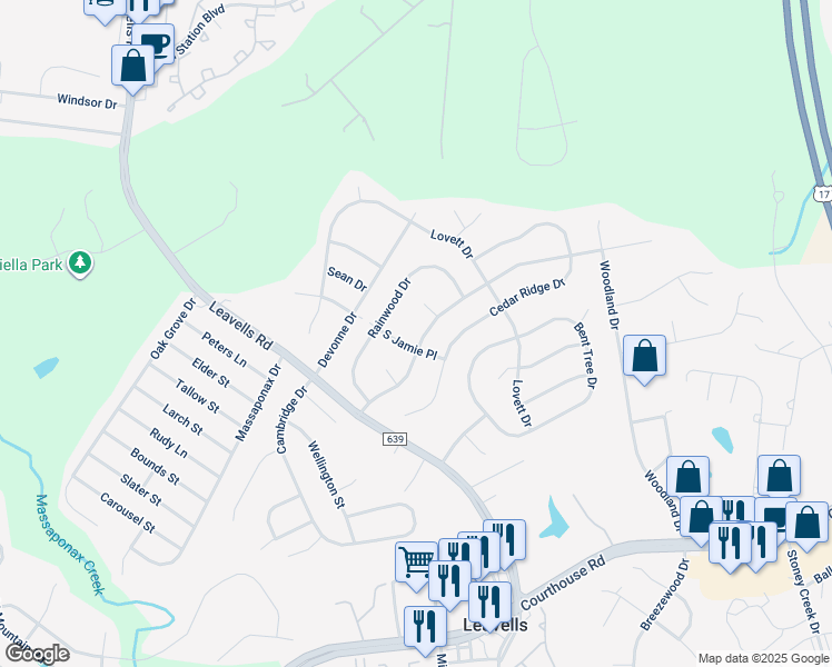 map of restaurants, bars, coffee shops, grocery stores, and more near 5415 Leavells Crossing Drive in Fredericksburg