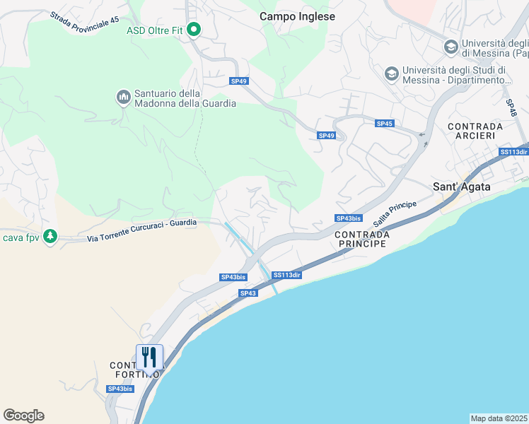 map of restaurants, bars, coffee shops, grocery stores, and more near 19 Contrada Fiumara Guardia in Messina