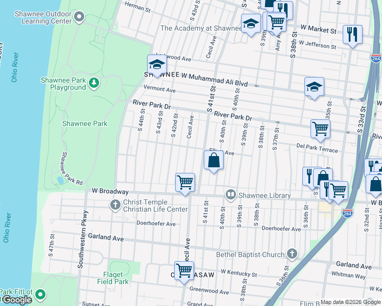 map of restaurants, bars, coffee shops, grocery stores, and more near 648 Cecil Avenue in Louisville