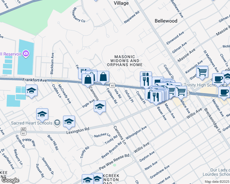 map of restaurants, bars, coffee shops, grocery stores, and more near 106 Iola Road in Saint Matthews
