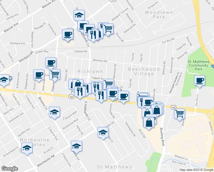 map of restaurants, bars, coffee shops, grocery stores, and more near 121 McArthur Drive in Louisville