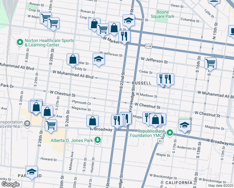 map of restaurants, bars, coffee shops, grocery stores, and more near 2208 West Madison Street in Louisville