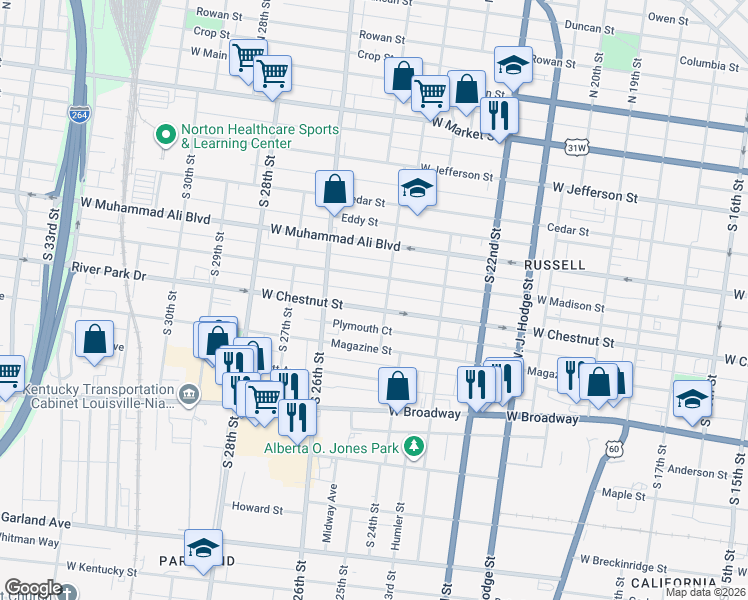 map of restaurants, bars, coffee shops, grocery stores, and more near 2413 West Chestnut Street in Louisville