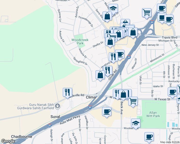 map of restaurants, bars, coffee shops, grocery stores, and more near 1201 Liberty Place in Fairfield