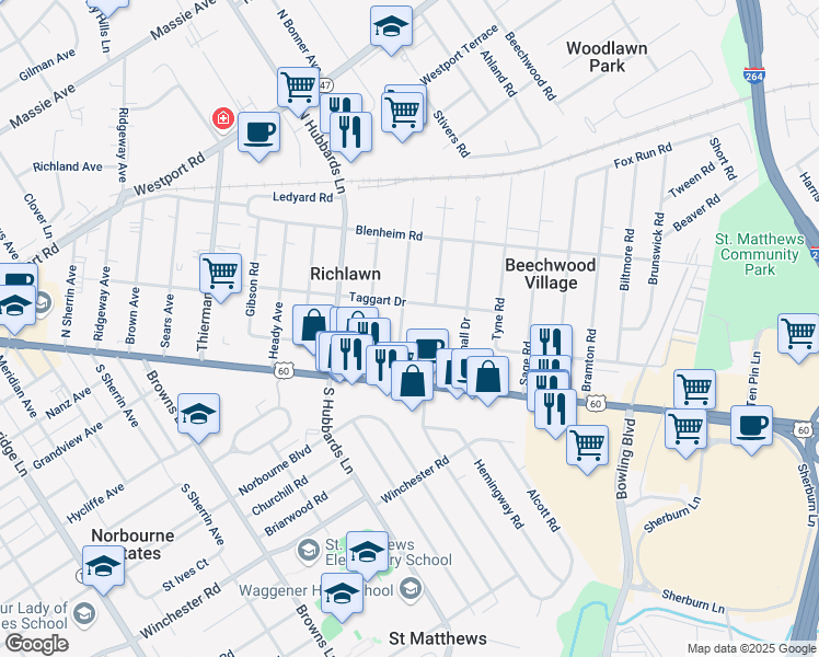 map of restaurants, bars, coffee shops, grocery stores, and more near 121 McArthur Drive in Louisville