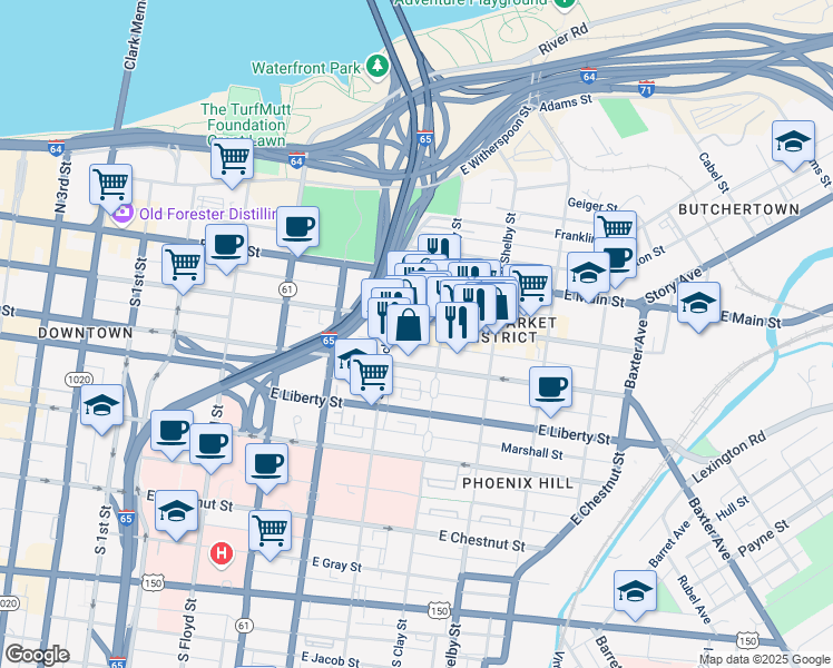 map of restaurants, bars, coffee shops, grocery stores, and more near 612 East Market Street in Louisville