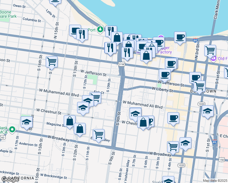 map of restaurants, bars, coffee shops, grocery stores, and more near 421 South 10th Street in Louisville