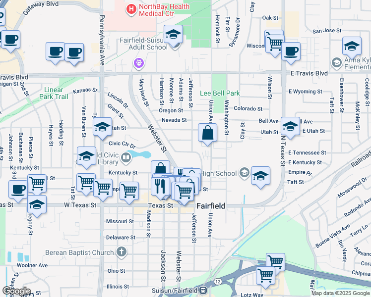 map of restaurants, bars, coffee shops, grocery stores, and more near 712 Maryland Street in Fairfield