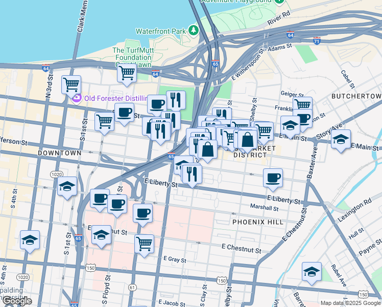 map of restaurants, bars, coffee shops, grocery stores, and more near 536 East Market Street in Louisville
