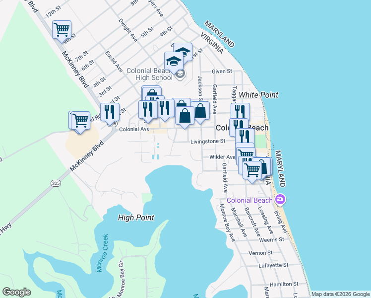 map of restaurants, bars, coffee shops, grocery stores, and more near 500 Livingstone Street in Colonial Beach