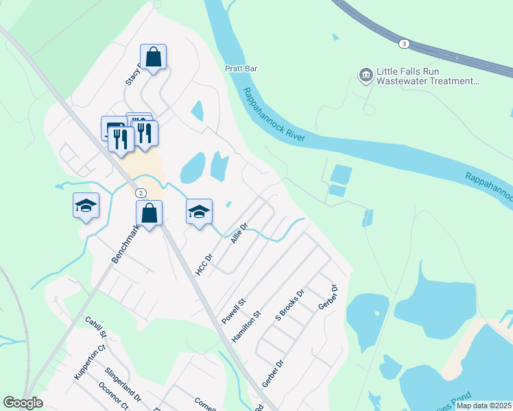 map of restaurants, bars, coffee shops, grocery stores, and more near 10736 Allie Drive in Fredericksburg