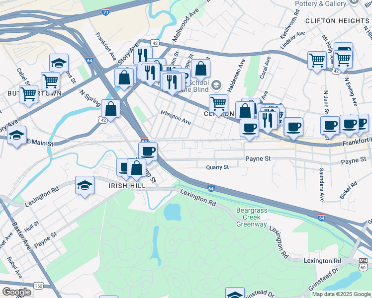 map of restaurants, bars, coffee shops, grocery stores, and more near 115 South Charlton Street in Louisville
