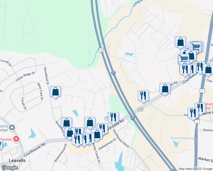 map of restaurants, bars, coffee shops, grocery stores, and more near 5105 Paytes Lane in Fredericksburg