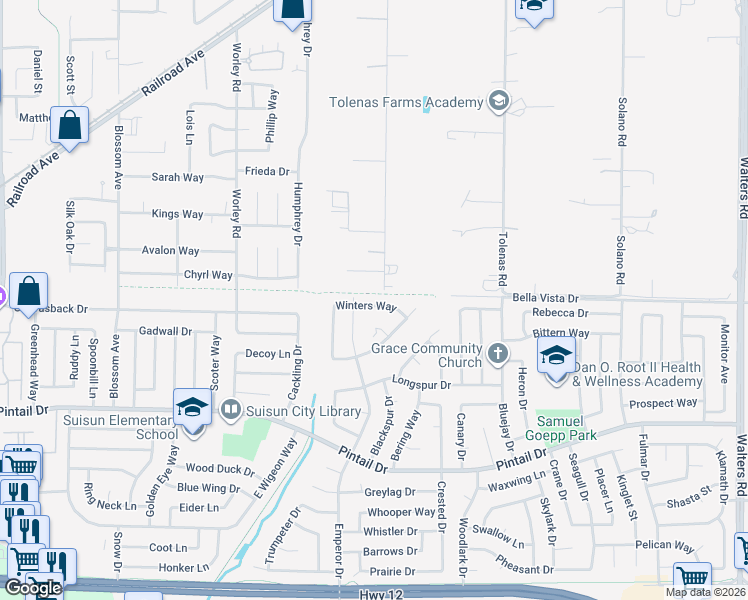 map of restaurants, bars, coffee shops, grocery stores, and more near 1017 Winters Way in Suisun City