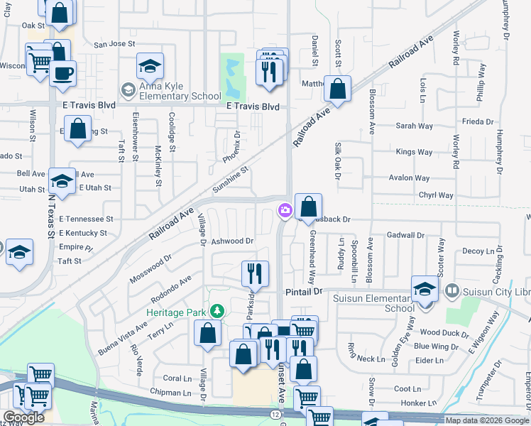 map of restaurants, bars, coffee shops, grocery stores, and more near 912 Pepperwood Street in Suisun City