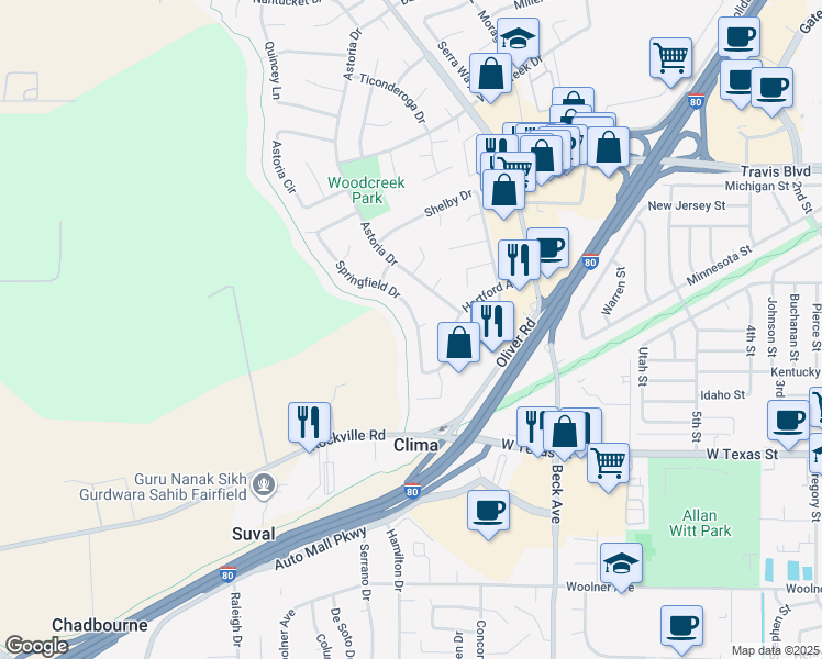 map of restaurants, bars, coffee shops, grocery stores, and more near 1201 Liberty Place in Fairfield