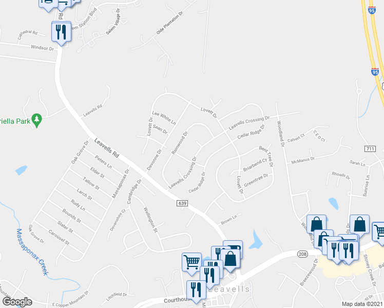 map of restaurants, bars, coffee shops, grocery stores, and more near 5415 Leavells Crossing Drive in Fredericksburg