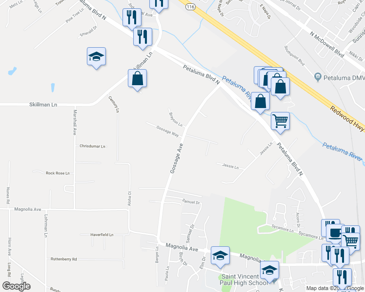 map of restaurants, bars, coffee shops, grocery stores, and more near 479 Gossage Avenue in Petaluma
