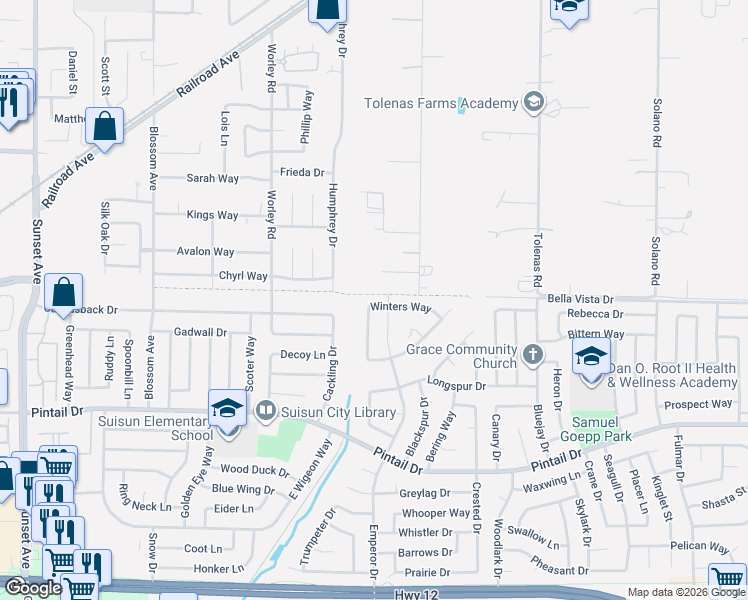 map of restaurants, bars, coffee shops, grocery stores, and more near 1005 Winters Way in Suisun City