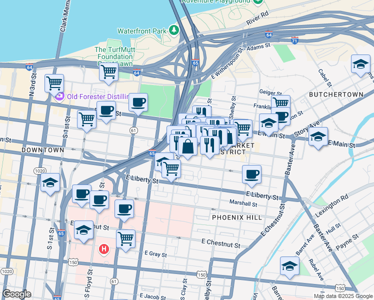 map of restaurants, bars, coffee shops, grocery stores, and more near 612 East Market Street in Louisville
