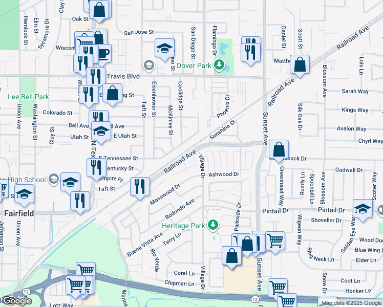 map of restaurants, bars, coffee shops, grocery stores, and more near 171 Railroad Avenue in Suisun City