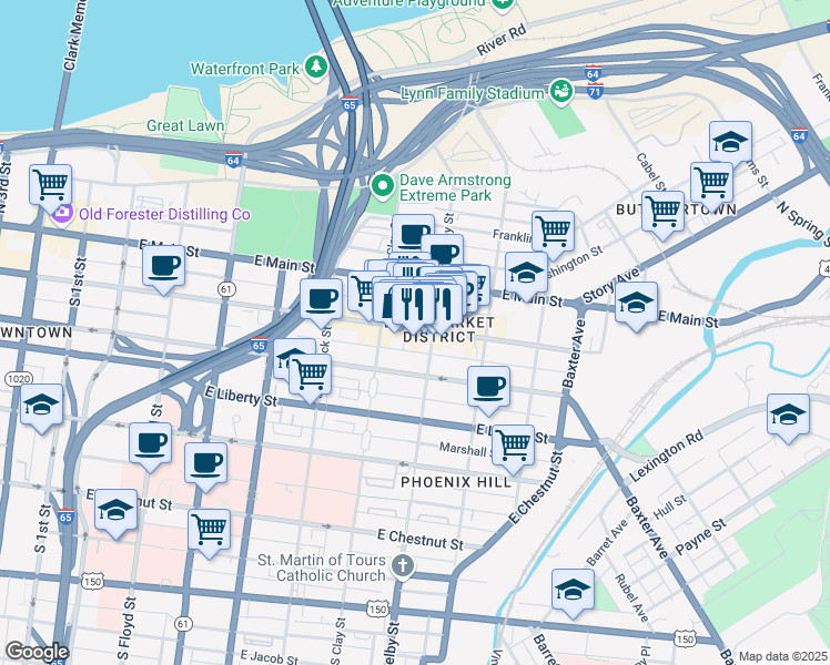 map of restaurants, bars, coffee shops, grocery stores, and more near 732 East Market Street in Louisville