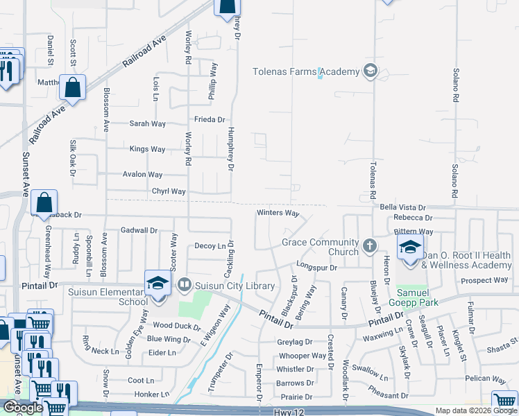 map of restaurants, bars, coffee shops, grocery stores, and more near 1005 Winters Way in Suisun City