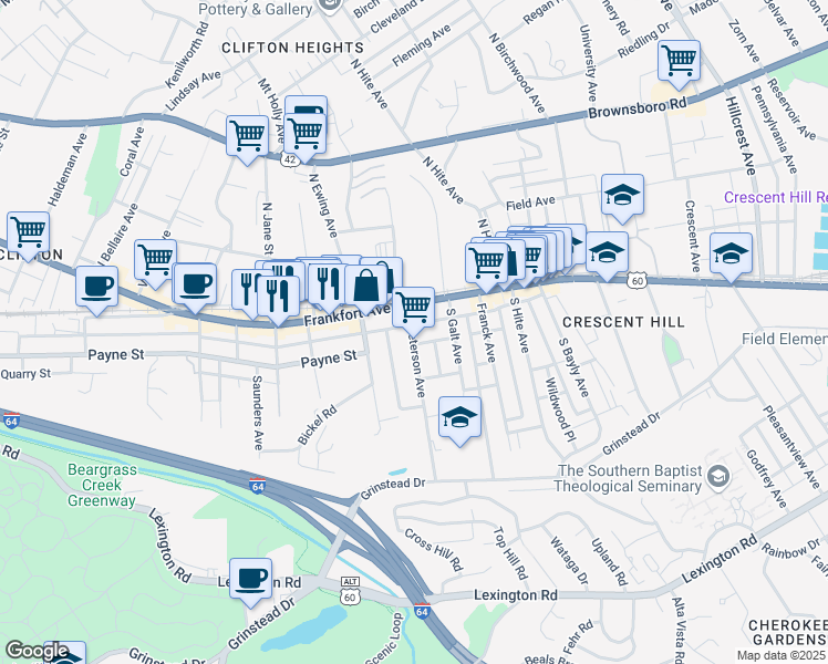 map of restaurants, bars, coffee shops, grocery stores, and more near 201 South Peterson Avenue in Louisville